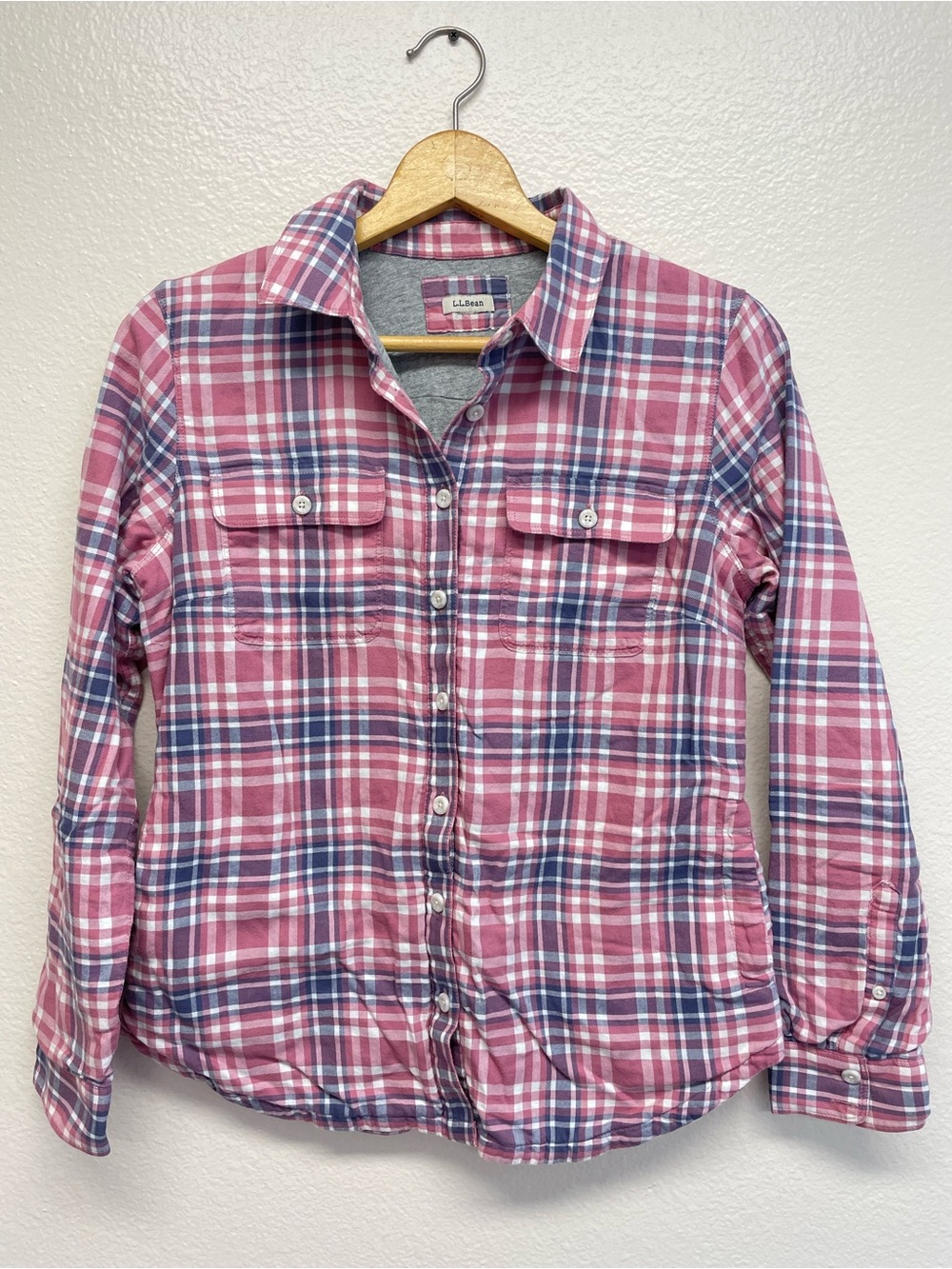 LL Bean Womens Small Flannel Shacket Jersey Lined Pink Blue Plaid Gorpcore